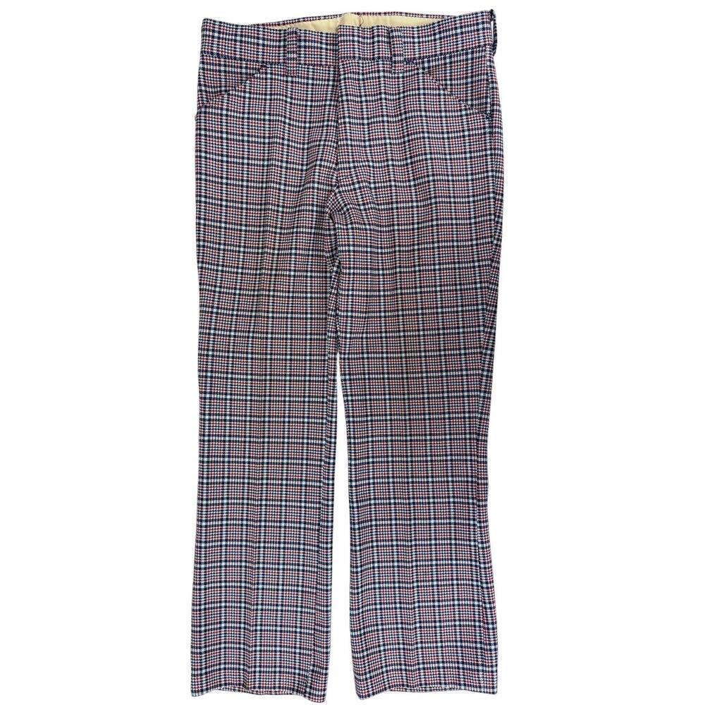 VTG 70s Mens Polyester Flare Trousers Pants R/W/B Geometric Pattern 35x30.5